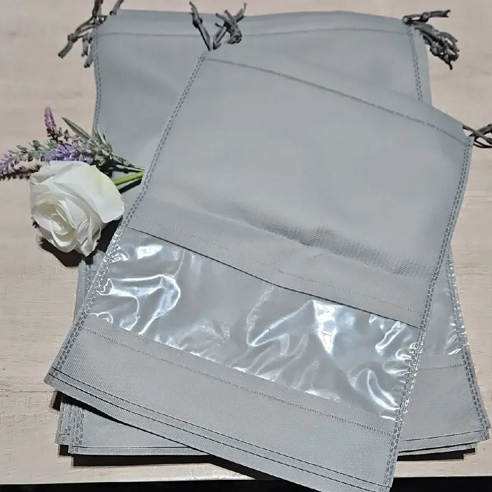 Gray Drawstring Bags with Clear Window For Shoe Storage. 2 Sizes - 8 Total Bags